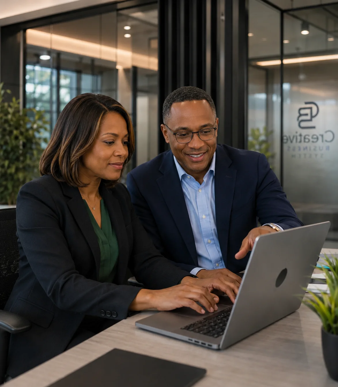 Two professionals collaborating on a custom website design