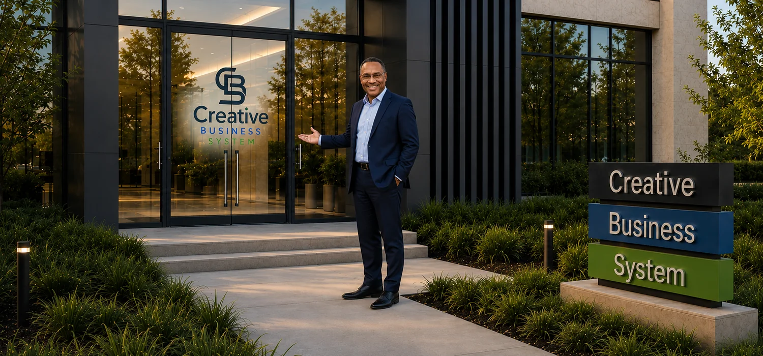 Creative Business Systems office exterior with Fred welcoming visitors