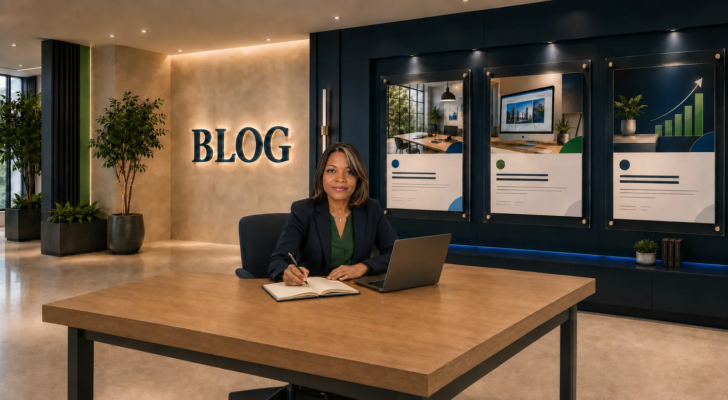 Creative Business Systems blog workspace with a writer and framed website insights