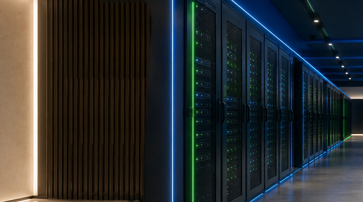Professional server racks and network cabling in a data center