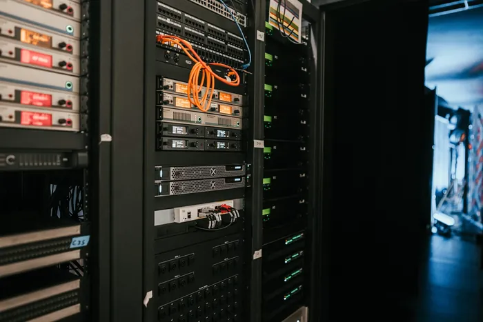 Illuminated racks inside a modern server room