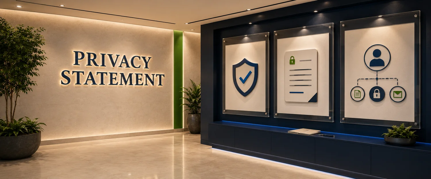 Modern privacy statement gallery with security and data protection symbols