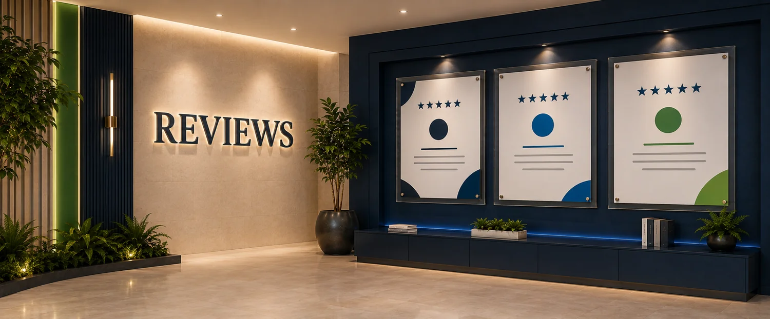 Modern client reviews gallery inside the Creative Business Systems office